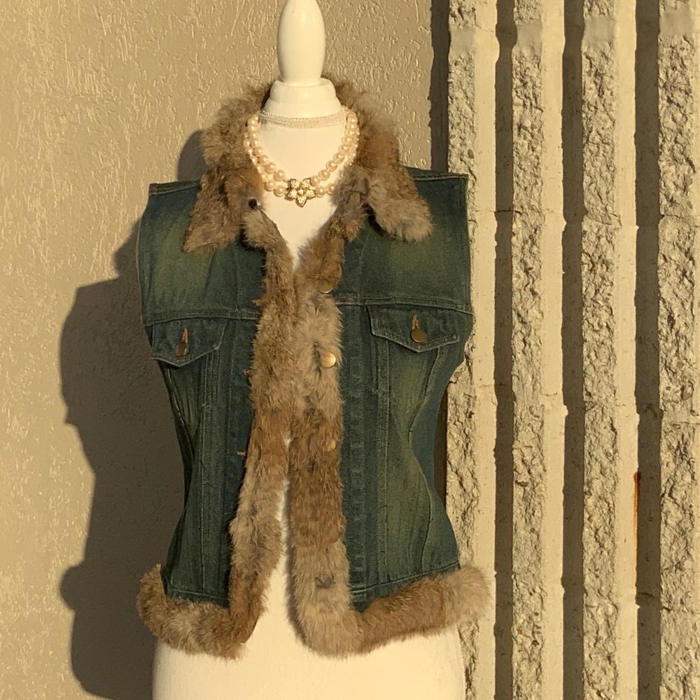 CEJON Distressed Denim Jeans Vest w/Rabbit Fur